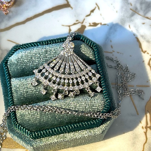 Fan shaped silver S925 stamped paved AAA CZ necklace - Picture 1 of 4